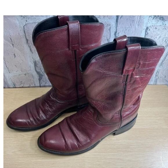 Vintage Old West Men's Western Burgundy Leather Roper Cowboy Boots Size 8.5D - Picture 3 of 13
